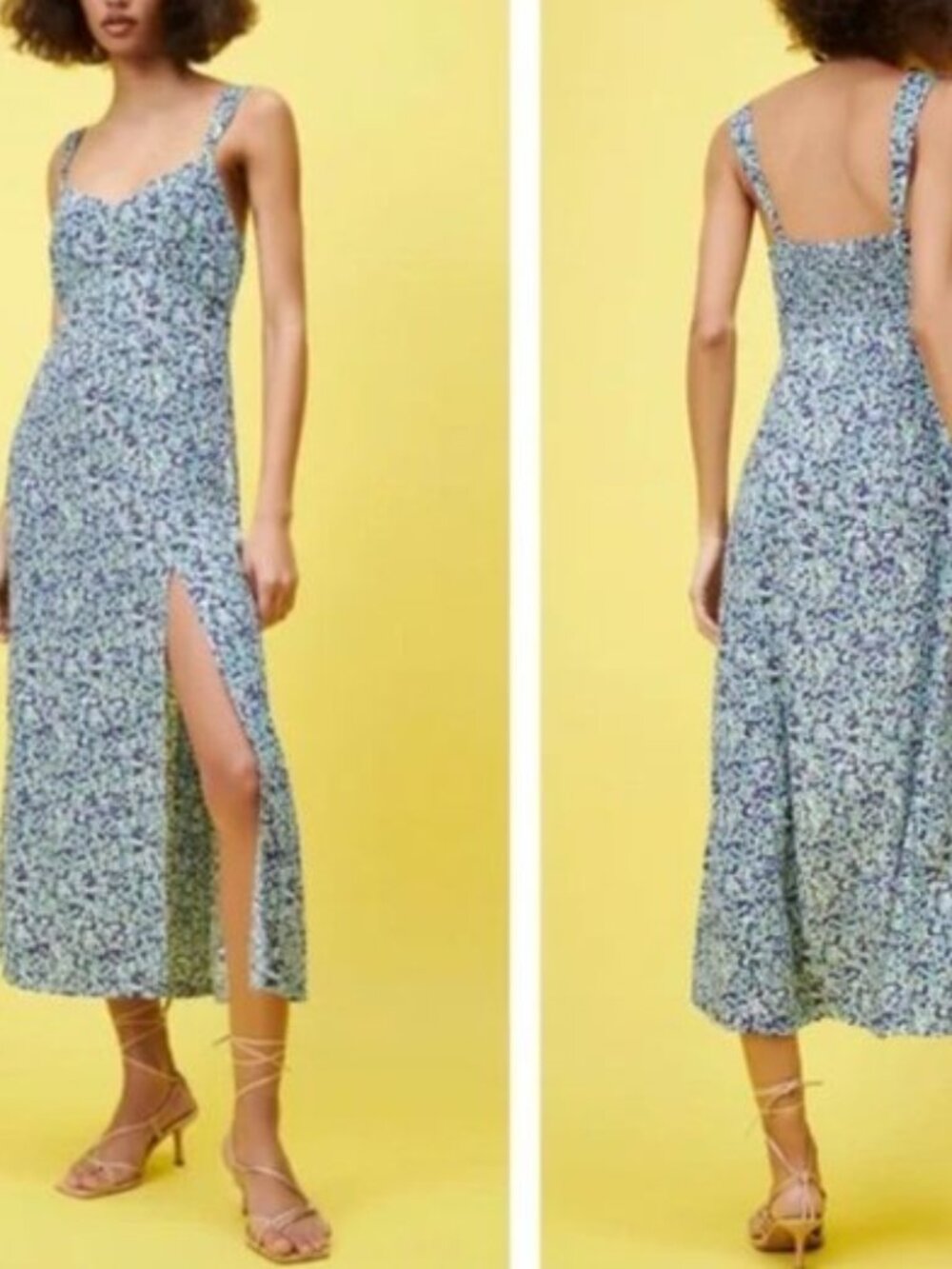 Zara Multicolor Micro Floral V-Neckline Midi Dress With Front Slit Size Small